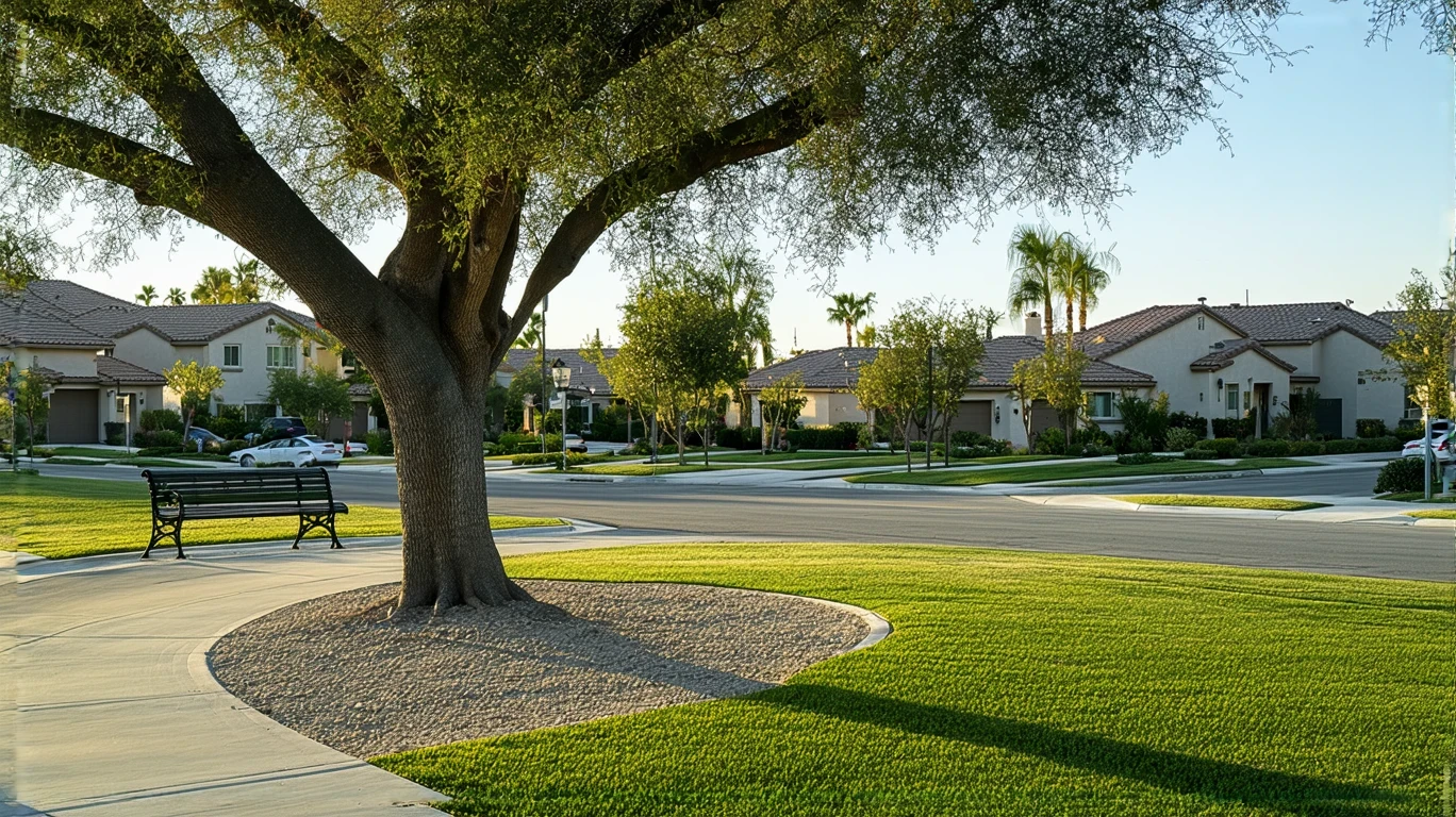 A neighborhood park with a path and bench, framed by an oak tree, with homes visible in the background under a blue sky.
