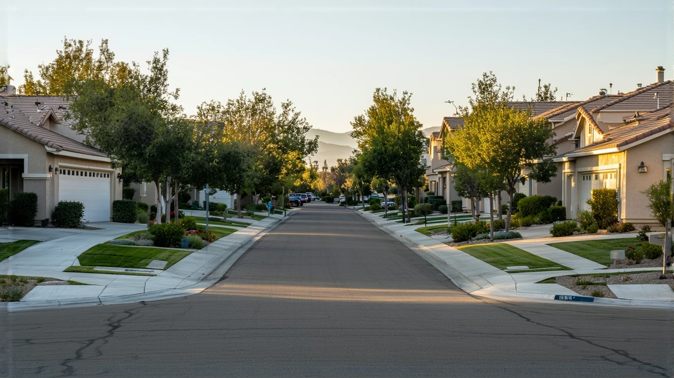 A tidy suburban cul-de-sac in morning light, with stucco homes, native landscaping, and a jogger in the distance.
