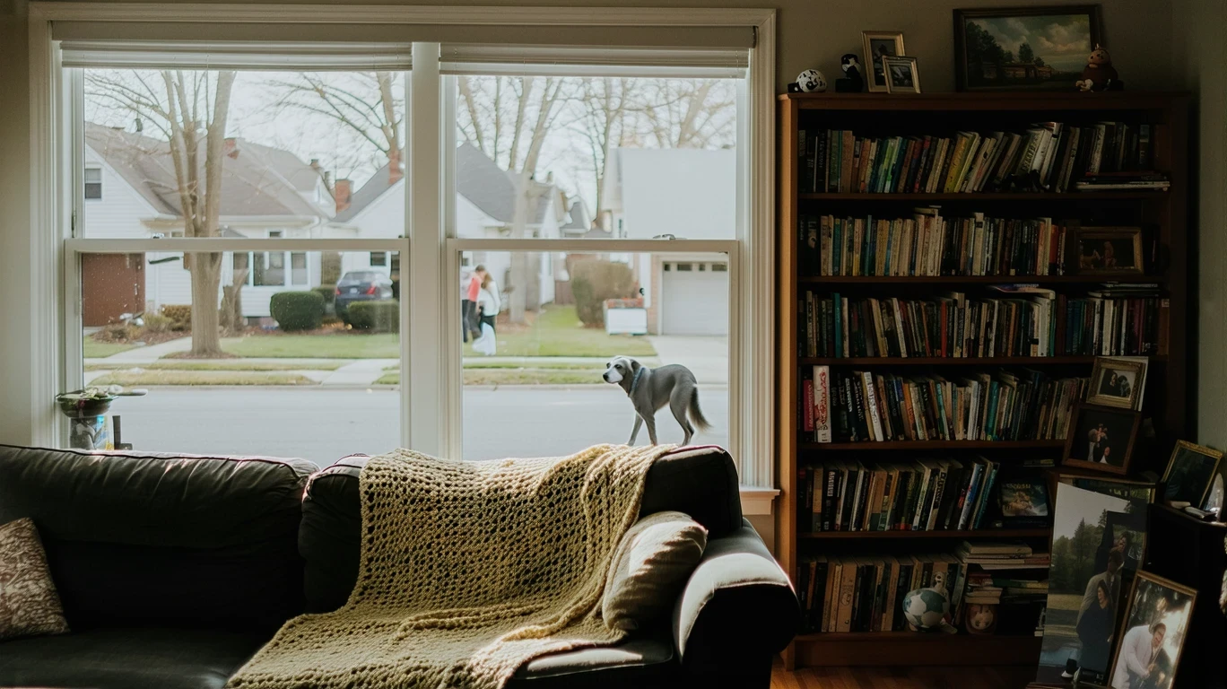 A cozy living room in Berwyn, IL with soft light, a bookshelf, and a view of a tree-lined street.