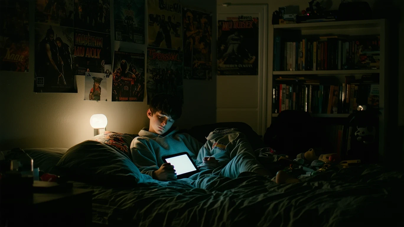 A teenage boy curled up on a bed looking at a glowing tablet screen in a dimly lit, slightly messy bedroom at night.