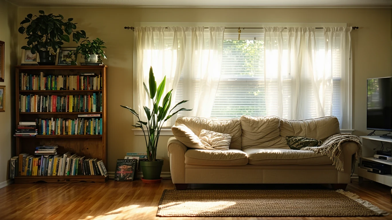 A small, cozy living room in a Berwyn bungalow with soft light filtering through sheer curtains, illuminating a beige couch and wooden bookshelf.