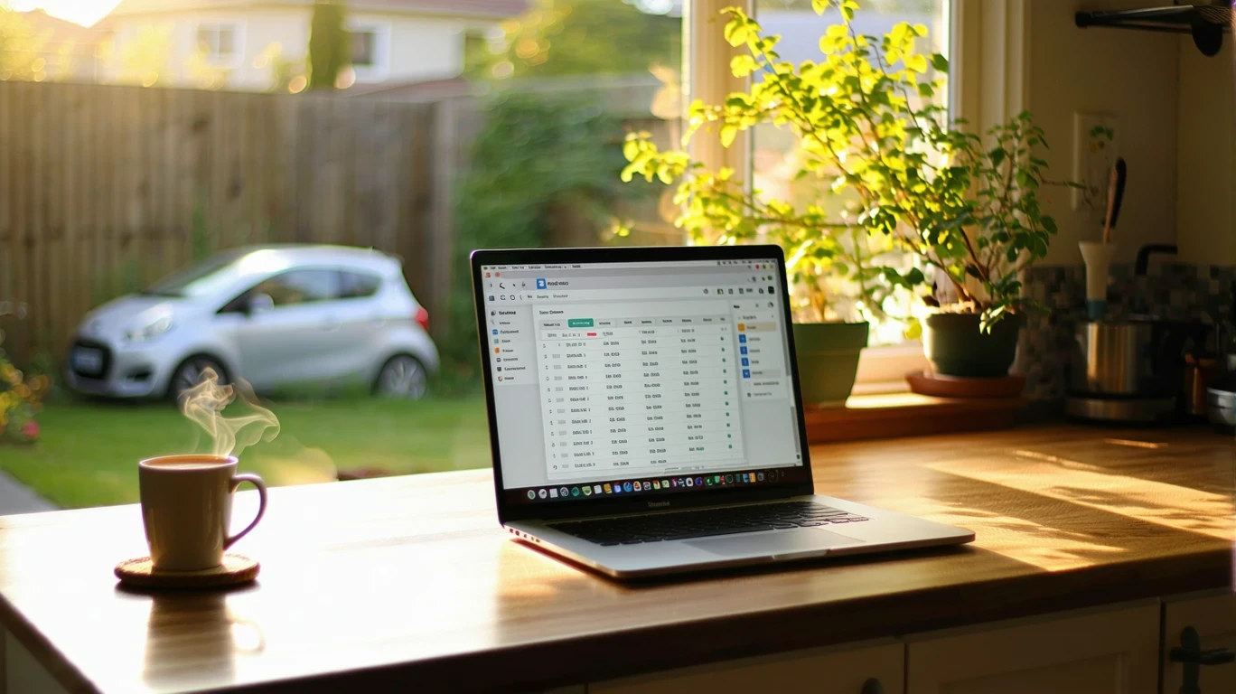 Open laptop showing budgeting software on a dining table with coffee mug nearby.