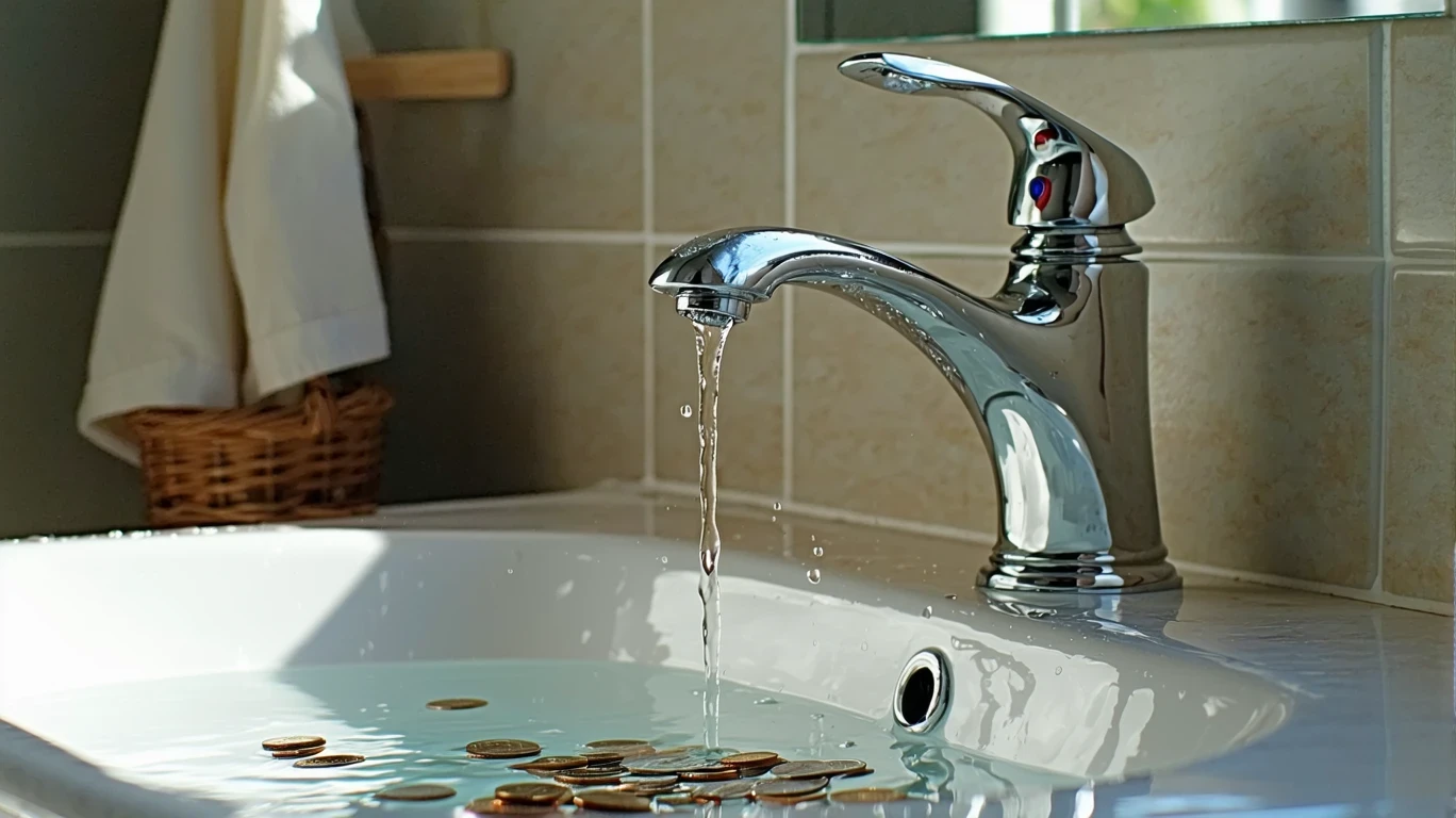 Close-up of a chrome bathroom faucet dripping water into a white sink basin with some coins scattered inside.