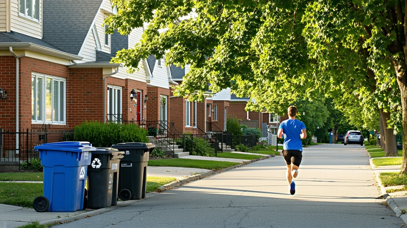 A tidy residential street in Berwyn, Illinois with brick houses, trash bins on the curb, and a jogger running past.