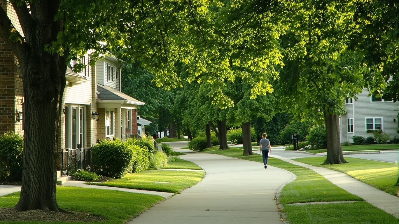 Tree-lined sidewalk curving through a suburban neighborhood with houses visible in the background.