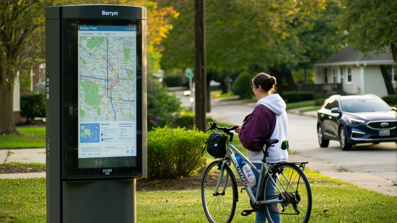 A person looking at a transit map on a kiosk next to their bicycle in a suburban area.