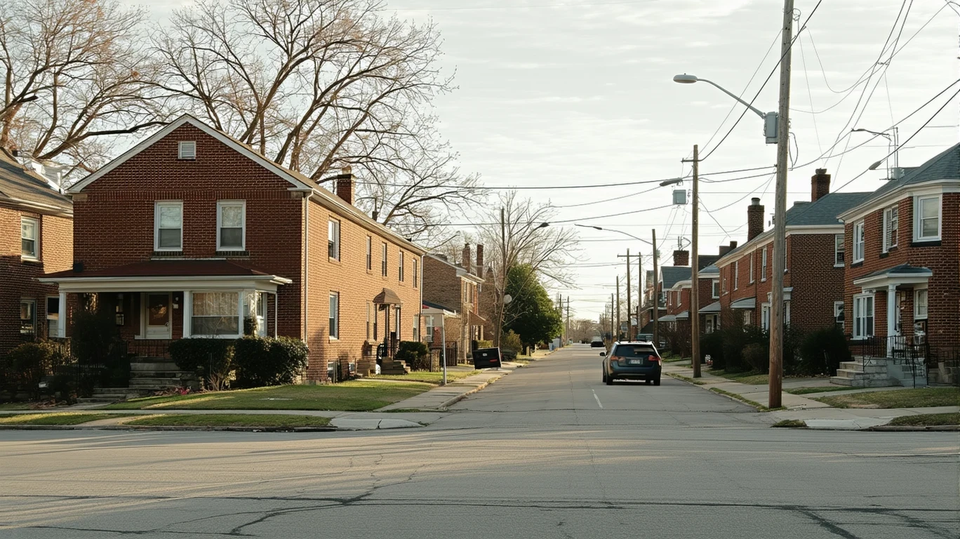 A residential street corner in Berwyn, Illinois on a sunny day, showing modest brick homes, small yards, and a parked car.