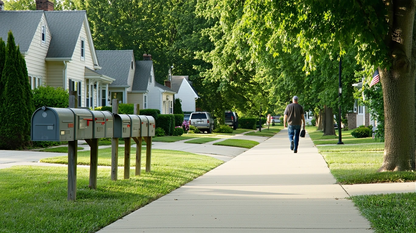 A sunny suburban sidewalk in Berwyn, Illinois lined with gray metal mailboxes in front of modest single-family homes.