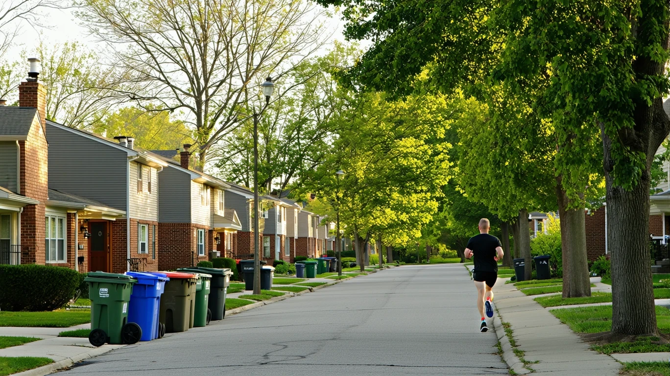 A tree-lined street in Berwyn, Illinois with red-brick homes, garbage bins, and a jogger.