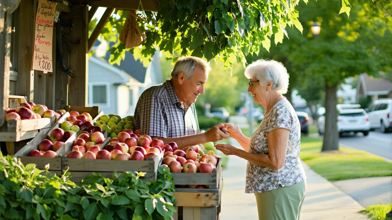 An older couple examines apples at a small produce stand on a tree-lined street.