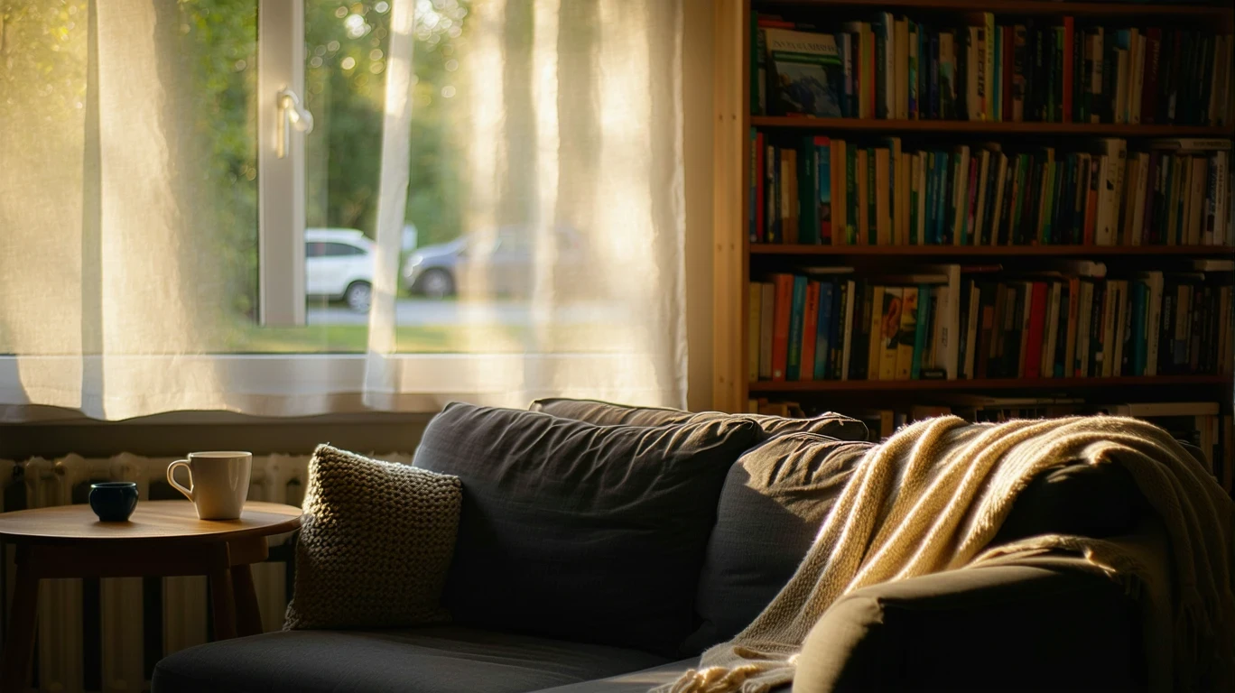 A small, warmly lit living room with a couch, bookshelf, and sheer curtains revealing a tidy suburban street outside.