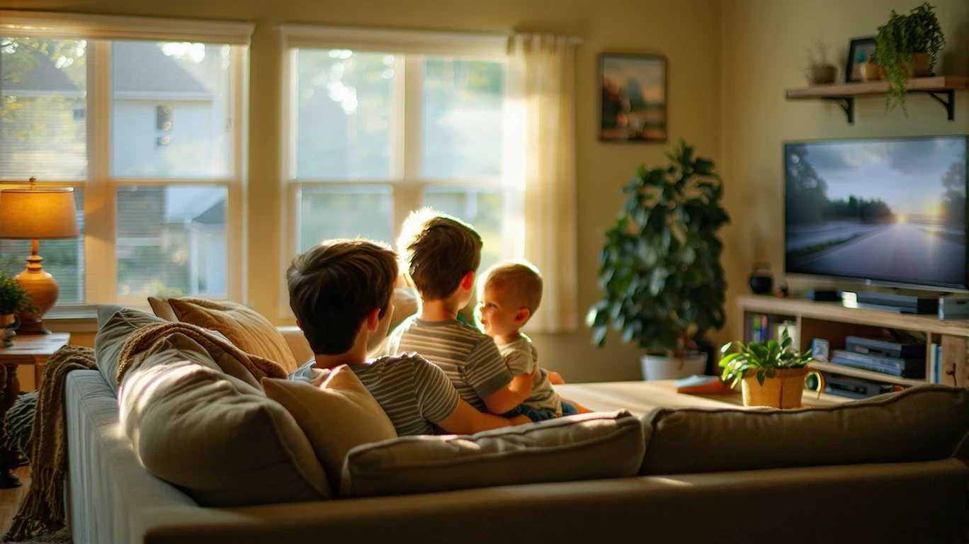 A family of three relaxing on a couch in a cozy living room, watching TV together.