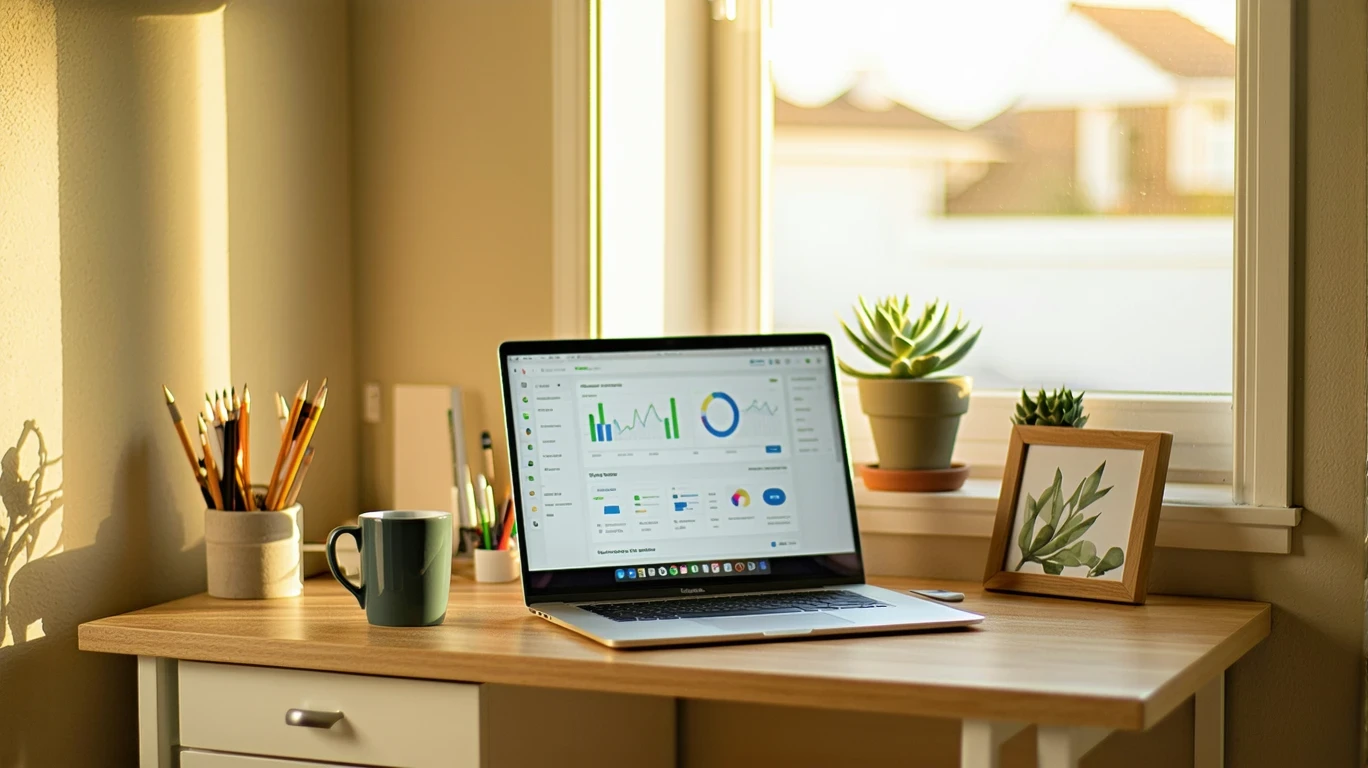 A tidy home office desk with a laptop open to a budgeting app and a coffee mug.