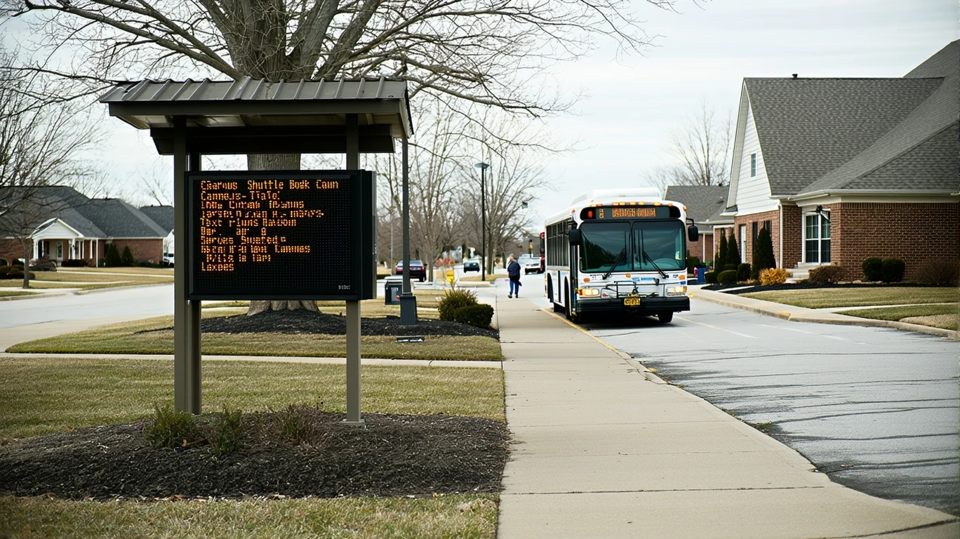 A campus shuttle stop with faded signage on an overcast day in a tidy suburban neighborhood.