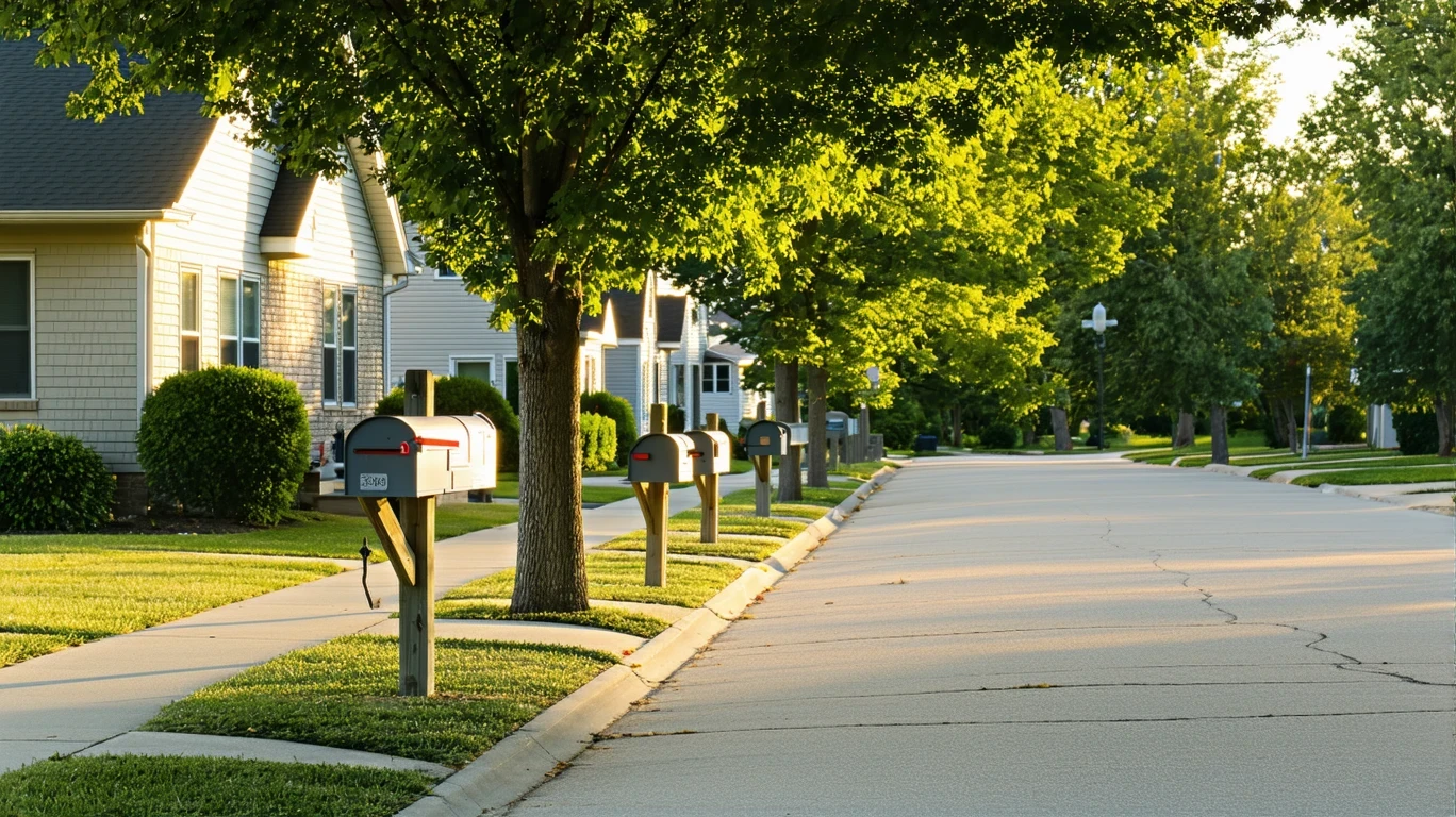 A curved sidewalk lined with gray mailboxes in front of suburban homes on a sunny day.