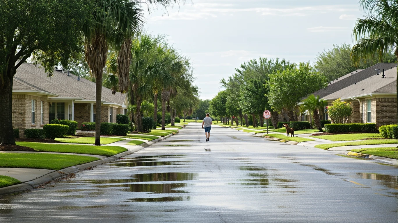 A tree-lined street in Bethany, Oklahoma after a rain shower, with puddles reflecting palm trees and a person walking their dog in the distance.