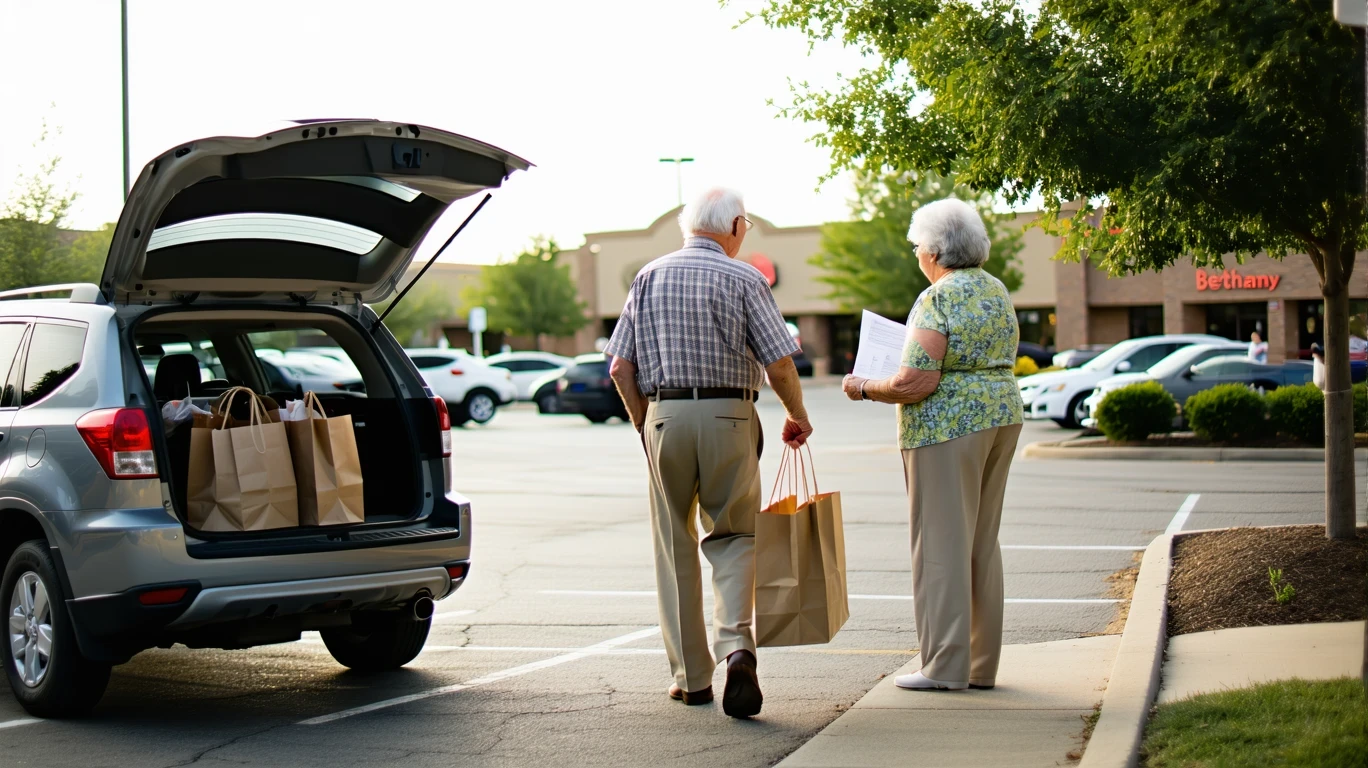 An older couple reviewing their grocery receipt beside a car trunk full of shopping bags outside a store in Bethany, Oklahoma.