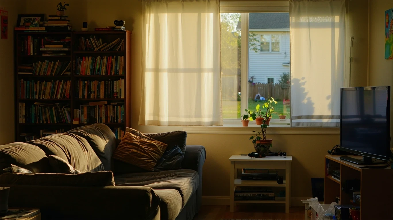 A cozy living room in a small apartment with a couch, bookshelf, and soft light coming through sheer curtains.