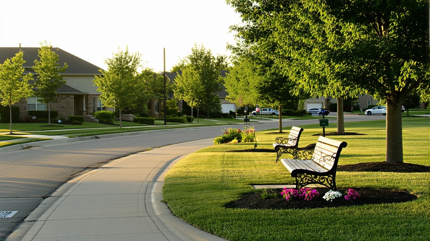 A view across a street of a small neighborhood park with hedges, a path, and a bench under trees.