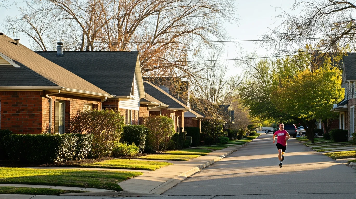 A peaceful suburban cul-de-sac in morning light, with tidy homes, native landscaping, and one person jogging.