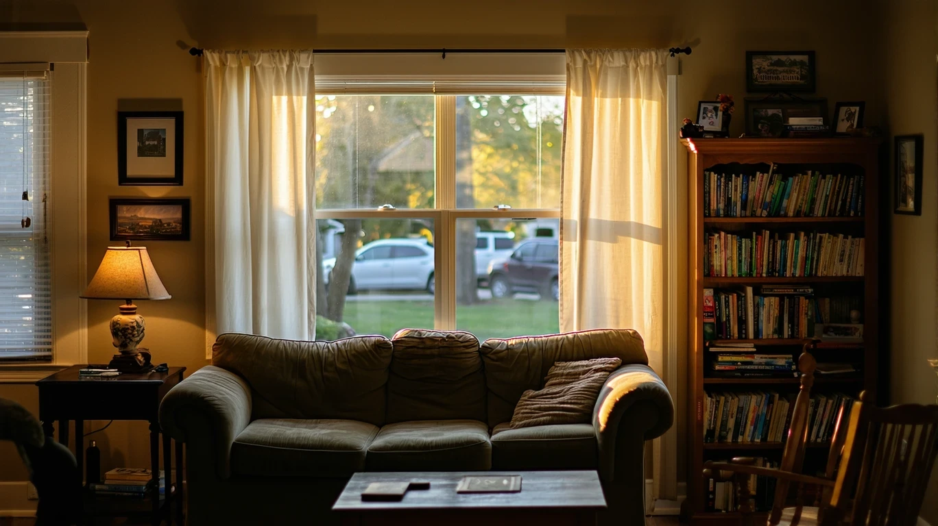 A sunlit living room with a couch and bookshelf in a Bethany, Oklahoma home.