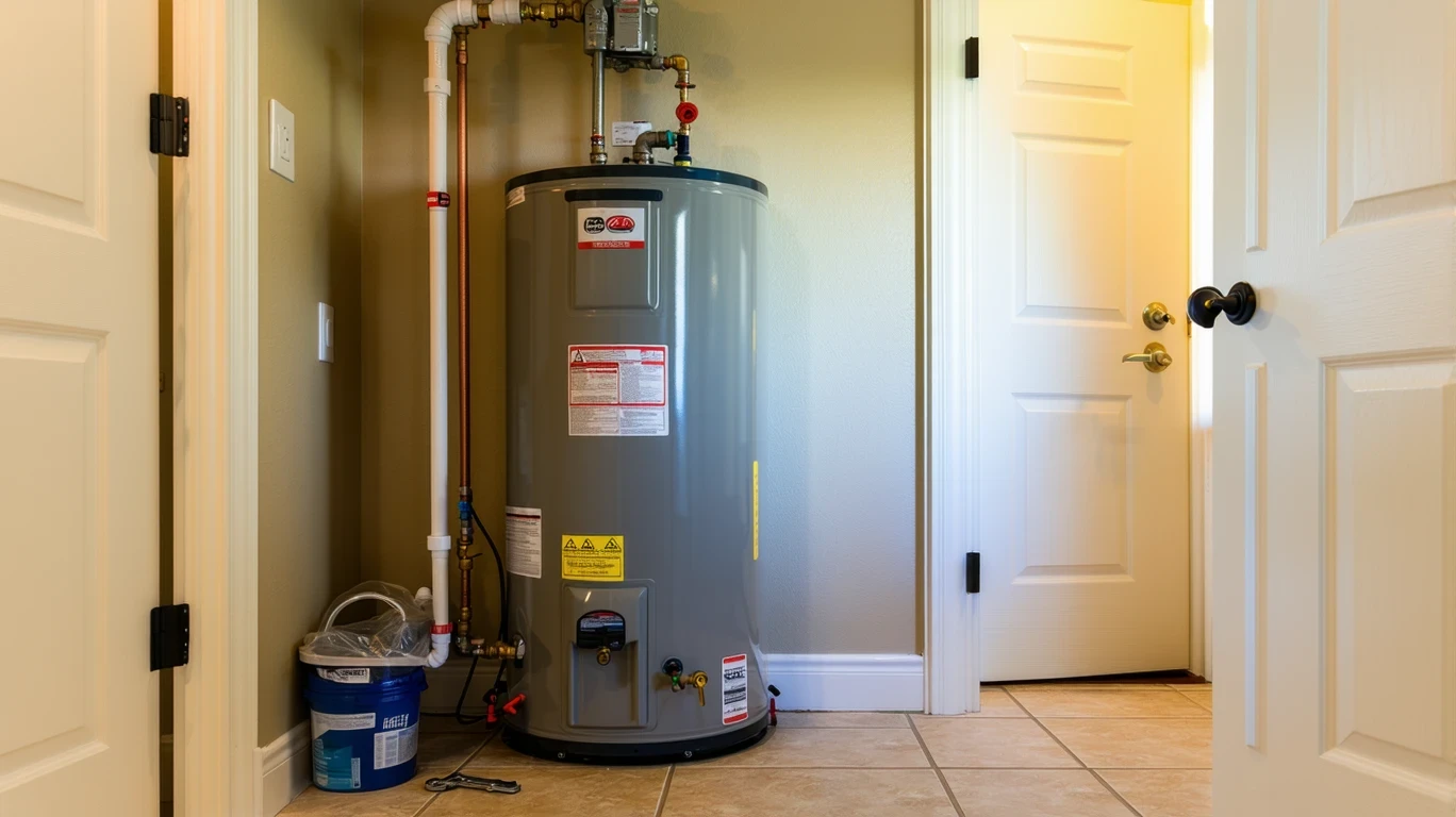 A residential water heater in a closet with a wrench on a shelf and tiled floor.