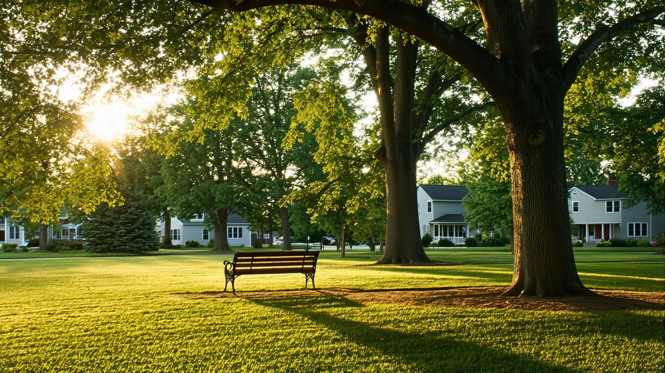A park lawn with oak trees and empty benches in golden-hour light.