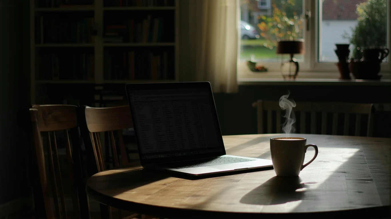A laptop open to a budgeting spreadsheet next to a steaming cup of coffee on a dining room table.