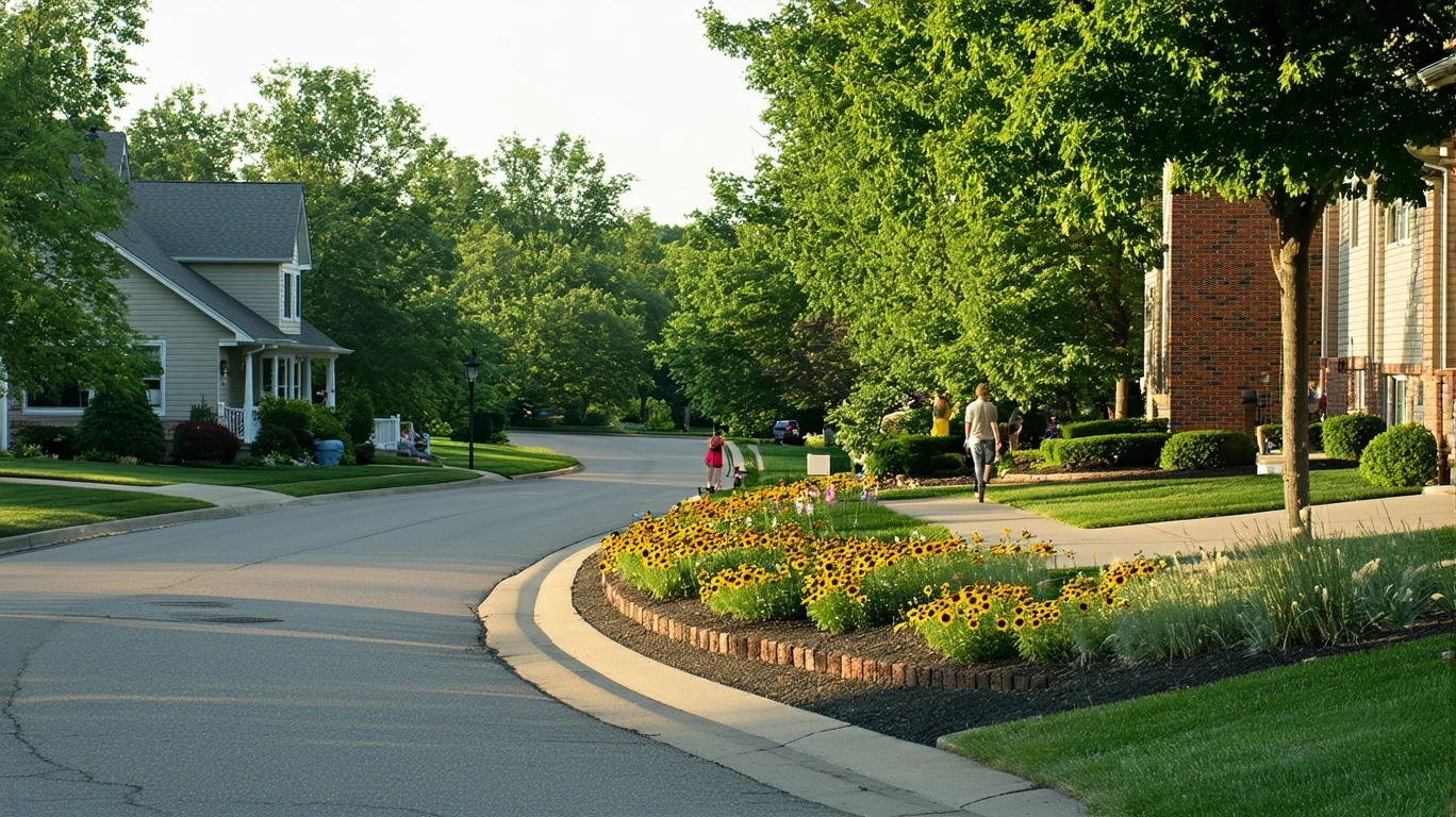 A quiet suburban cul-de-sac in Bloomington, Minnesota on a sunny summer morning, with tree-lined sidewalks, tidy homes, and native landscaping.