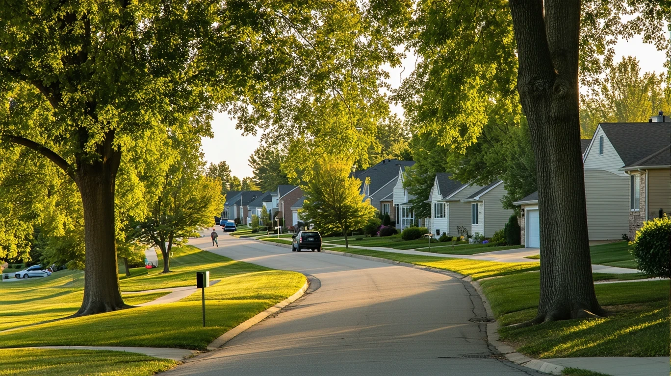 A sidewalk winding through a tree-lined suburban neighborhood with houses visible in Bloomington, Minnesota on a sunny day.