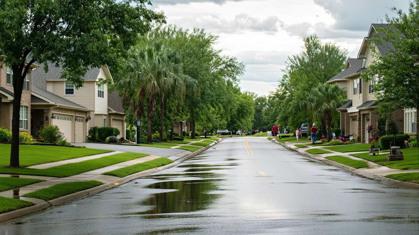 A puddle reflecting palm trees and homes along a residential street in Minneapolis after a rain shower.