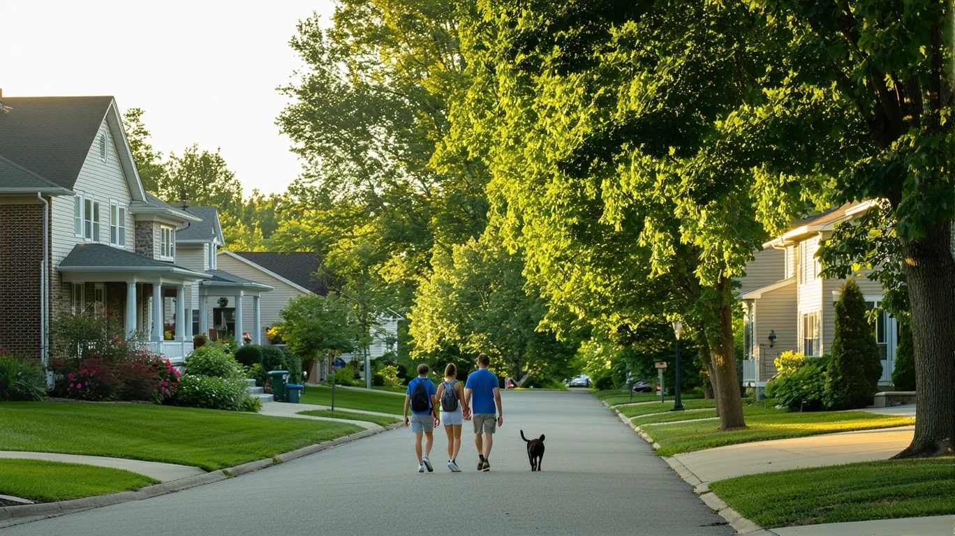 A tree-lined residential street in Bloomington, Minnesota on a sunny summer day, with well-kept homes and a couple walking their dog.