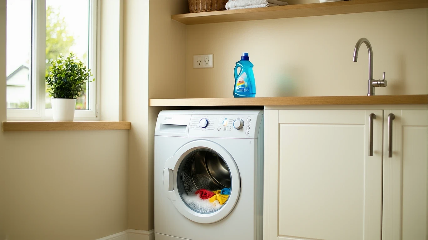 Top-loading washing machine mid-cycle with detergent bottle on laundry room shelf.