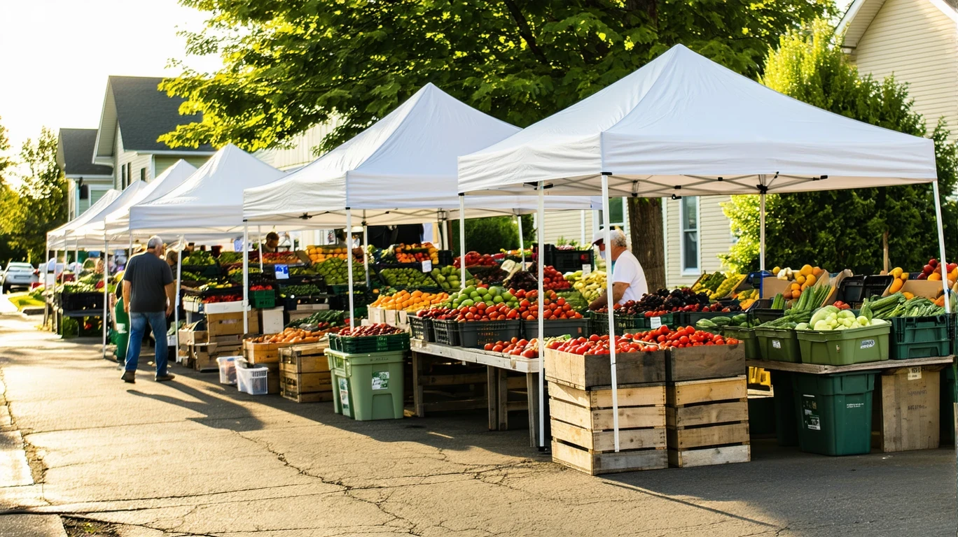 Vendors setting up produce stands at a suburban farmer's market on a sunny morning.