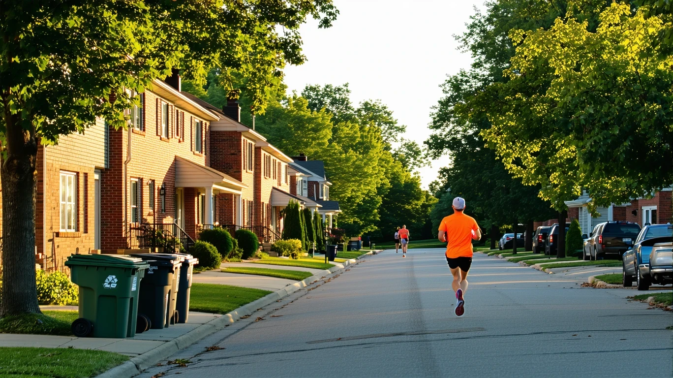 A tidy suburban street in Bloomington, Minnesota lined with red-brick homes and recycling bins, with a jogger running past.
