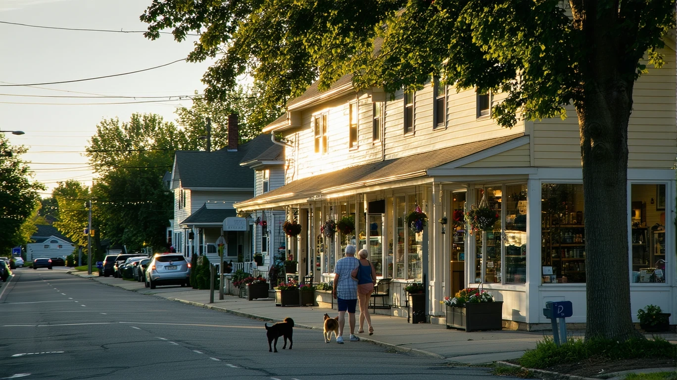 A quiet street in Bloomington, MN at dusk, with small local shops beside 1960s homes and a couple walking their dog on the sidewalk.