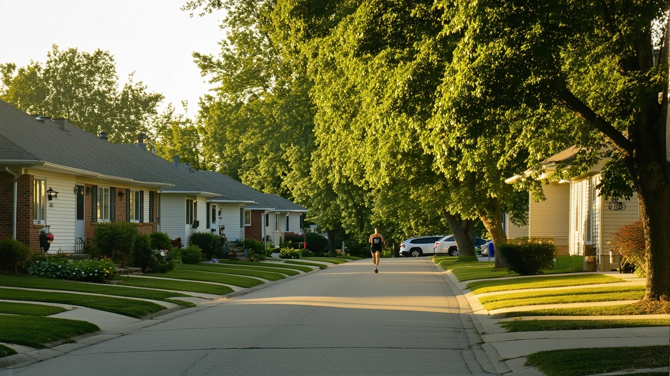 A tree-lined residential street in Bloomington, MN with one-story homes and a person walking in the distance at sunrise.