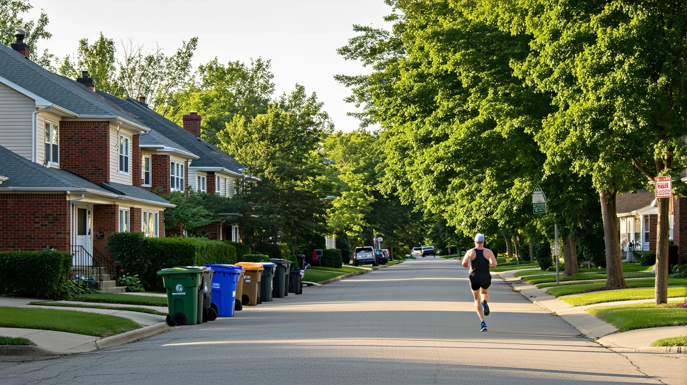 A quiet suburban street lined with red-brick homes, recycling bins by the curb, and a jogger running past.