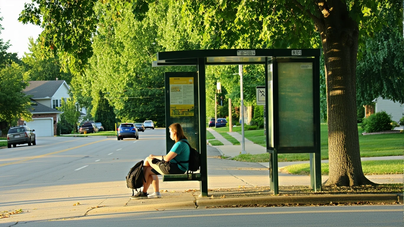 A young woman waits at a shaded suburban bus stop in Bloomington, Minnesota on a sunny afternoon.