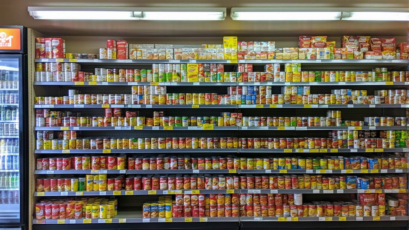 Shelves of neatly stacked canned goods in a simply decorated neighborhood grocery store.