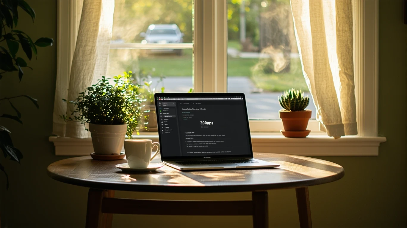 A laptop open to an internet speed test result on a kitchen table, with a coffee mug beside it.