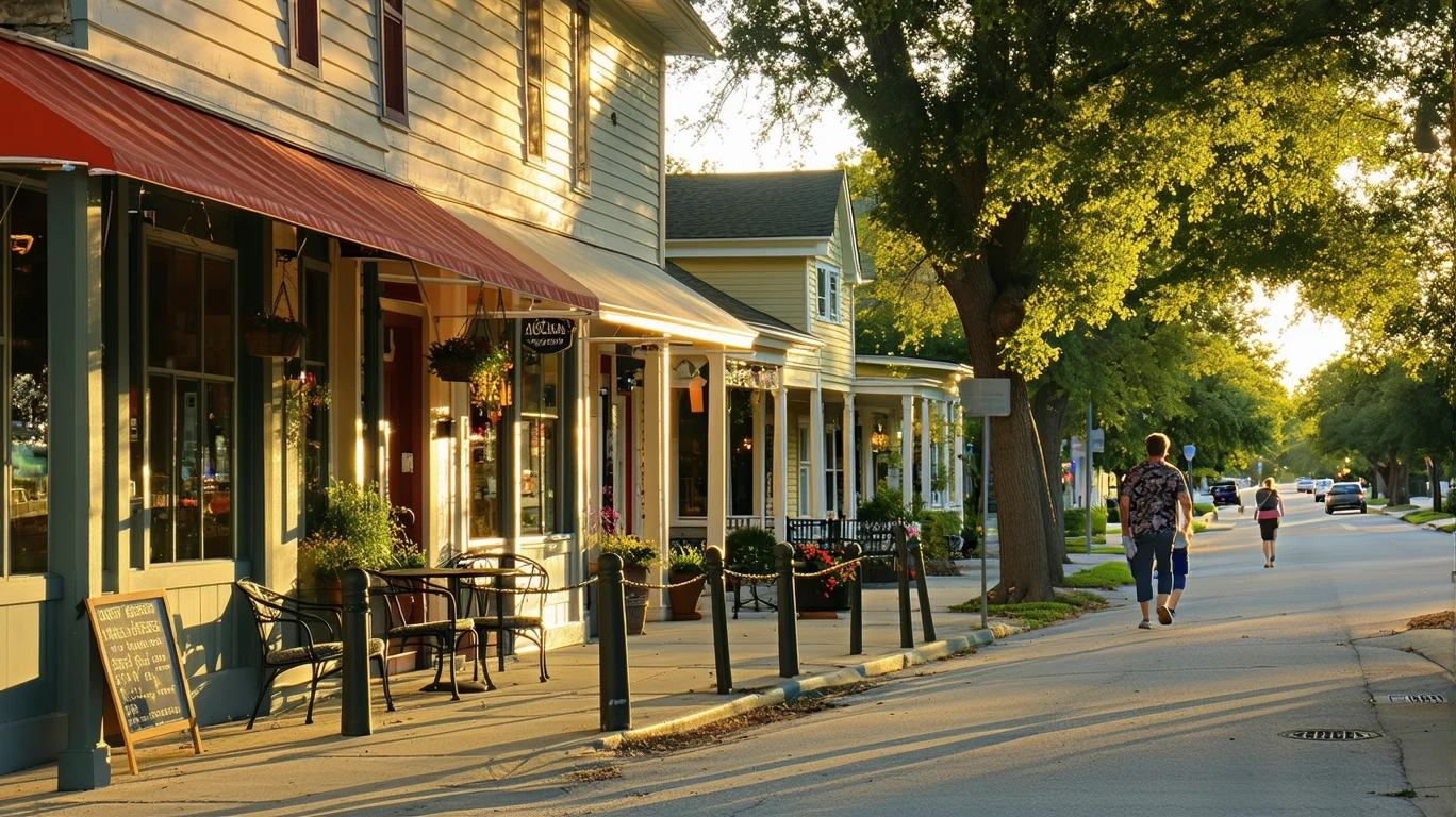 A quiet street in Boerne, TX with small local shops and neighborhood homes at dusk.