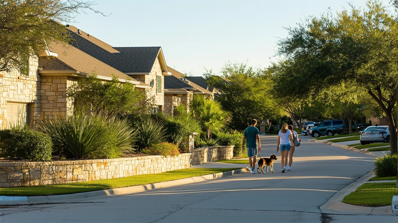 A tree-lined suburban cul-de-sac in Boerne, Texas on a sunny morning, with well-kept homes and native landscaping.