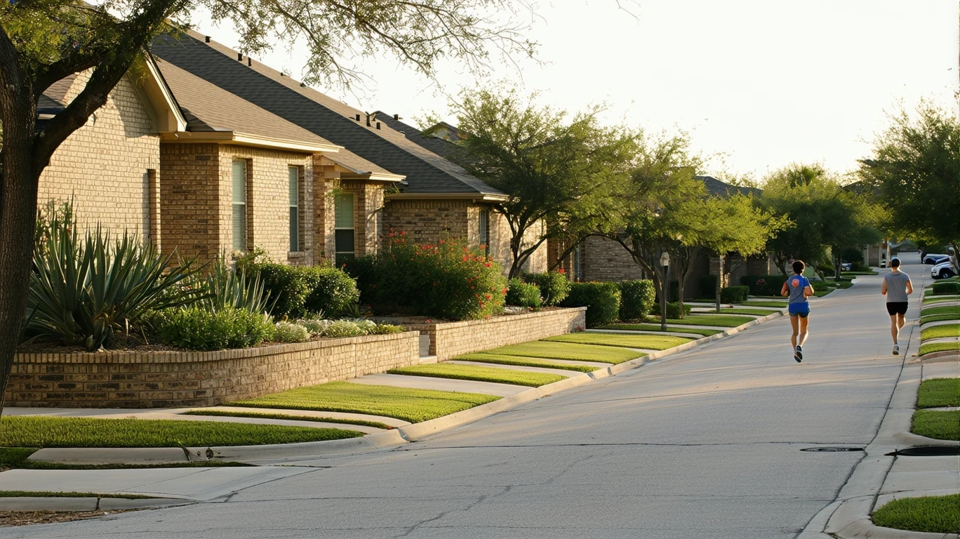 Quiet suburban cul-de-sac in Boerne, TX in morning light, with brick wall and native plants.