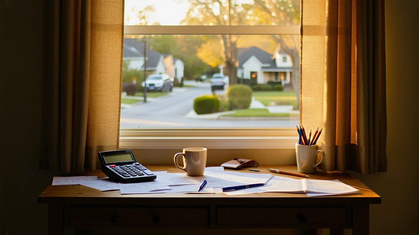 A small desk by a curtained window with bills, a calculator, and a coffee mug.