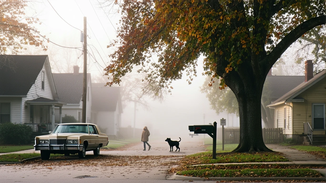 A foggy morning street in a small town with an old car parked under a maple tree and a person walking their dog on the sidewalk.