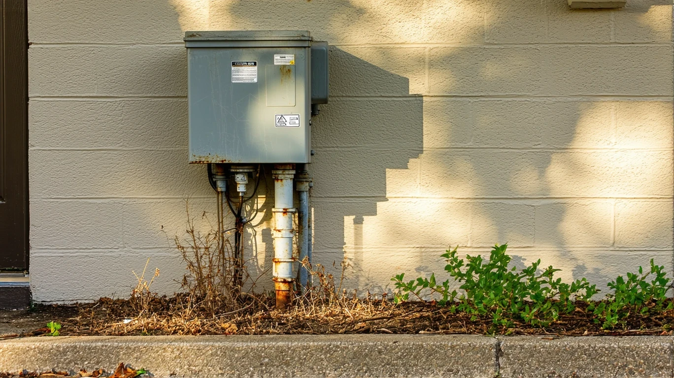 A gas meter on the side of a suburban home, with some cobwebs and weeds around the base.