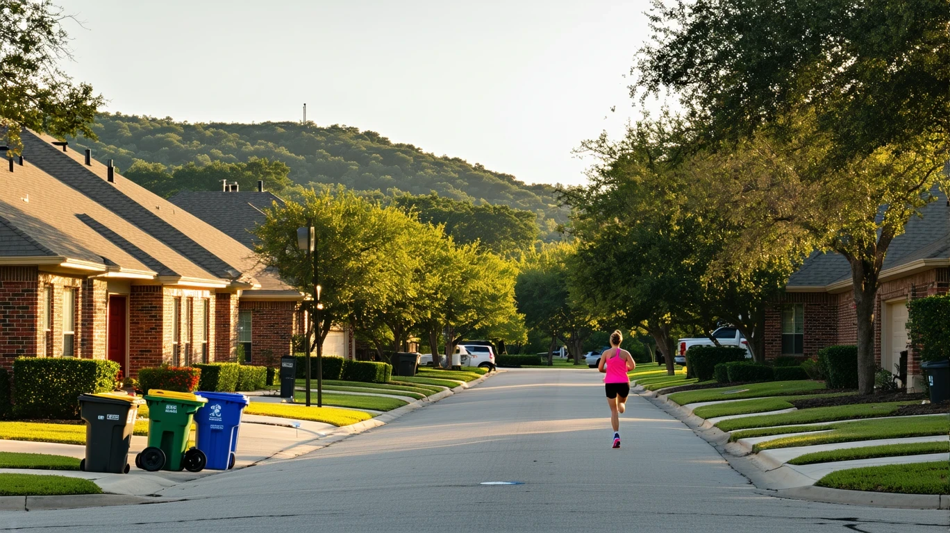 A jogger runs past a row of red-brick homes on a quiet suburban street lined with trees and recycling bins.
