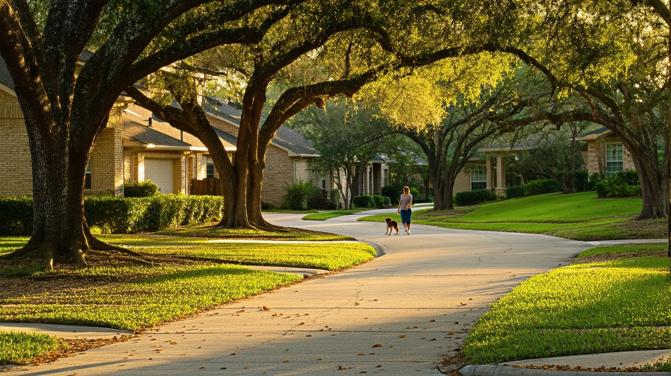 Tree-lined sidewalk curving through a suburban neighborhood in Boerne, Texas on a sunny day.
