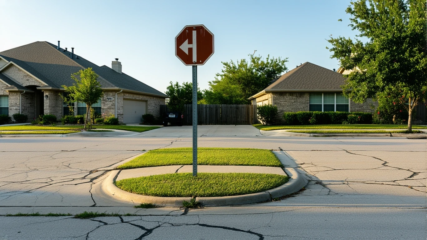 A faded wooden bus stop sign on a quiet suburban corner with homes in the background.